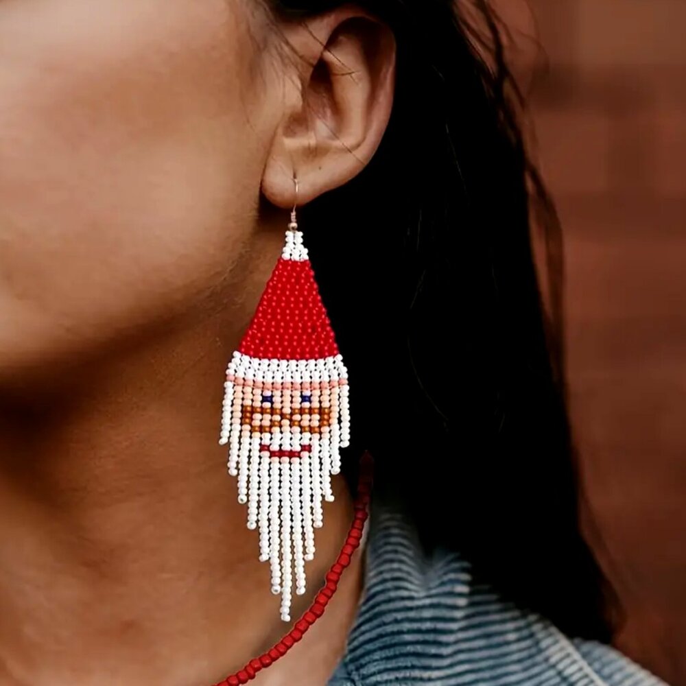 Beautiful Handmade Vintage Santa Bead Tassel Silver Hooks • Christmas Earrings